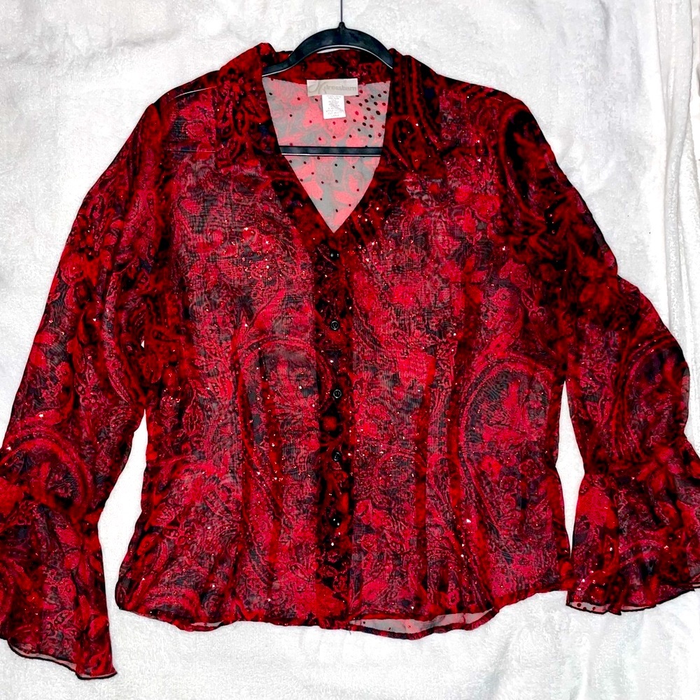 Sheer red and black button down blouse